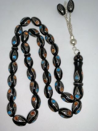 Rare Black Coral Yusr Prayer Beads Inlaid W/silver Turquoise Misbaha Tesbih