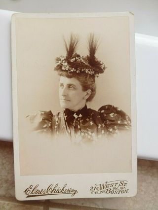 Antique Cabinet Card Annie Stetson Wears Elaborate Feather Hat Boston Ma