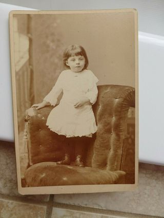 Cabinet Card Photo Little Girl On Stuffed Sofa Button Shoes Floral Paisely Back