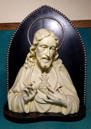 Sacred Heart Jesus Bust - Chalkware Wood Silver Old Very Lge 13.  39x17 " Statue
