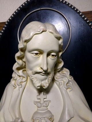 SACRED HEART JESUS BUST - CHALKWARE WOOD SILVER Old VERY LGE 13.  39x17 