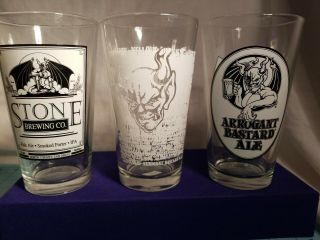 Stone Brewing Co.  San Diego,  Ca - Set Of 3 Dif White Gargoyle Design Pint Glasses