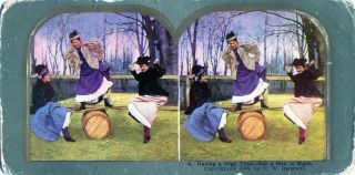 Antique Stereoview Card - Having A High Time,  Not A Man In Sight - C.  1898