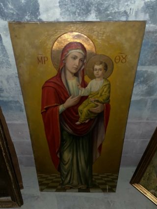 Large Religious Hand Painted Icon Virgin Mary Jesus Christ Child