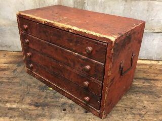 Primitive Antique Machinist Wood Tool Box Chest Cabinet Drawers Red Paint