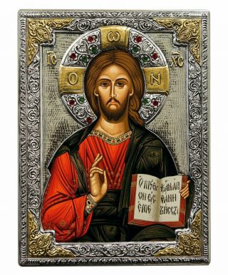 Silver Byzantine Orthodox Icon Jesus Christ Kazan 10.  2x7.  5 In Swarovski Crystals