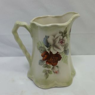 Vintage Porcelain Pitcher White Red Rose Design Light Green 4 Inches Tall