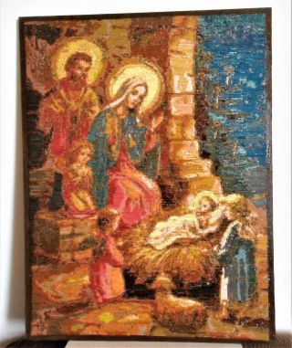 Gobelin Tapestry Intarsia Wood Inlaid Micro Mosaic Nativity