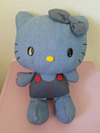 2010 Sanrio Hello Kitty Blue Denim Plush Stuffed Animal 12 " Red Stitches