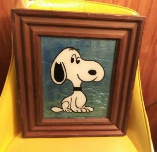 Vintage Snoopy Peanuts Framed Carnival Foil Painted Glass