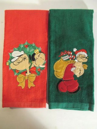 2 Popeye Satin Embroidered Christmas Velour Terry Guest Towels 1994