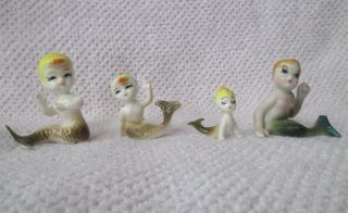 Vintage Miniature Mermaids Bone China Set Of 4 Figurines Mermaids W/blonde Hair