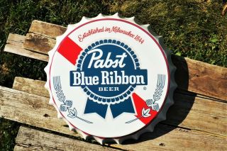 Pabst Blue Ribbon Beer Bottle Cap Tin Sign - Lager - Pabst Brewing Company - Pbr