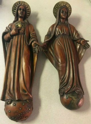 Sacred Heart Of Jesus & Mary Figurine Wall Statue Goldscheider Germany 23x8 "