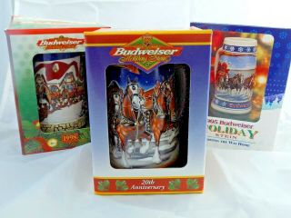 Set Of 3 Vintage Budweiser Holiday Beer Steins 1995,  1998,  1999 - - In Boxes
