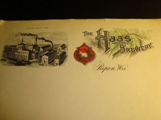 Circa 1910 Haas Brewing Factory Scene Letterhead,  Ripon,  Wisconsin