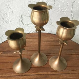 Vintage Brass Tulip 3pc Graduated Height Flower Candle Holders Set