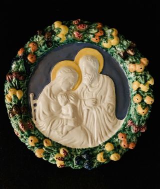 Della Robbia Ceramic Wall Plaque Holy Family Mary Joseph Jesus 13 " Round Biordi