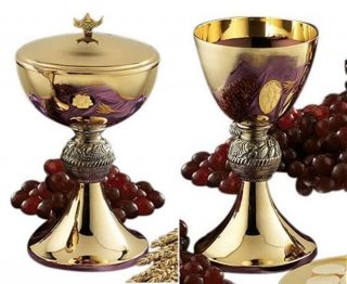 Gold Tone Loaves And Fish Chalice And Paten With Ciborium And Cover Set,  8 Inch
