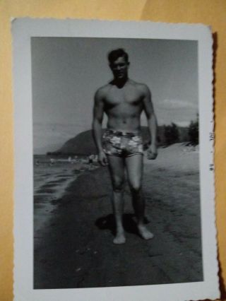 Vintage Beach Photo Of Handsome Fit Man In Short Swim Trunks Snapshot