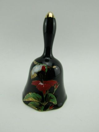 Vintage Black Porcelain Ceramic Bell With Hummingbird And Red Flower