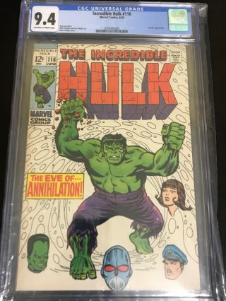 Incredible Hulk 116,  Cgc 9.  4 Marvel Comics,  6/69