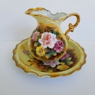 Vintage Enesco Floral Porcelain Pitcher & Bowl W/ Painted Roses & Gold Trim