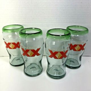 Set Of 4 Dos Equis Xx Hand Blown Mexican Beer Glass 16 Oz 6” Green Rim