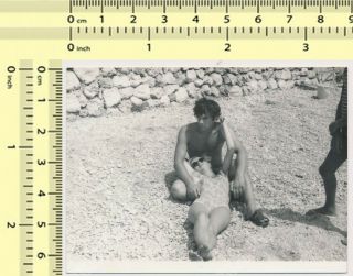 Couple On Beach,  Out Of Frame Man,  Hairy Armpits Woman Lady Old Photo