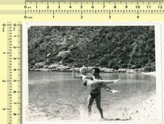 Couple On Beach,  Man Carrying Woman Hairy Armpits Bikini Lady Old Photo