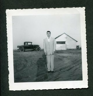 Vintage Photo Abstract Man W/ Model A Ford Farm House Still Life 396064