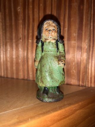 Vintage Amish Child Girl In Green Dress Cast Iron Paperweight Figurine 3”