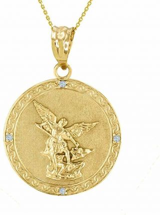 14k Gold Saint Michael The Archangel Diamond Medal Necklace (1 ")