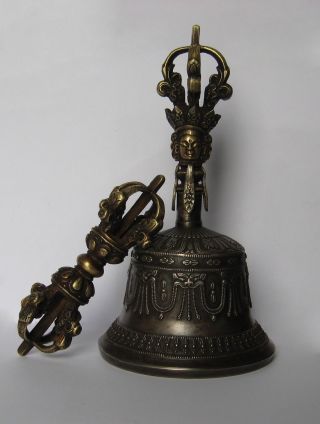 Tibetan Buddhist 5 Pronged Bronze Bell 9 " And Vajra /dorje (large) - Nepal