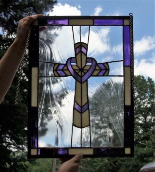 Large 21 X 15 1/2 " Hand Made Stained Glass Cross Window Panel.  By Mary Miller