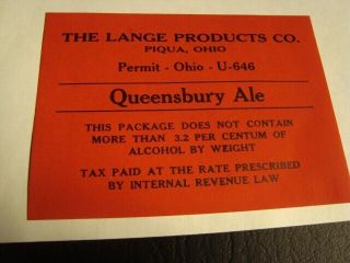 Circa 1930s Lange Old Lager Beer Red U - Permit Label,  Piqua,  Ohio