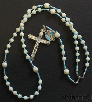 Catholic Rosary Mop & Sterling Vintage Cross Blue Enameled Medal Rosenkranz