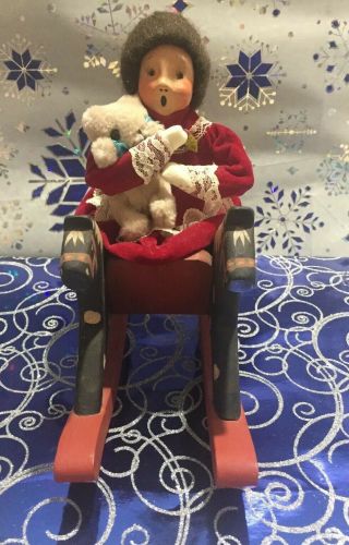1990 Byers Choice The Carolers Victorian Girl On Wooden Rocking Horse,  Teddy Bear