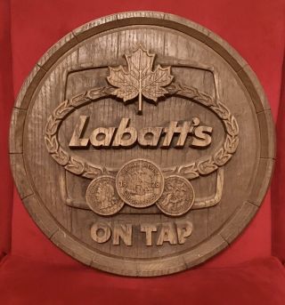 Vintage Labatt Blue On Tap Beer Wooden Sign Keg Barrel Top Hand Carved