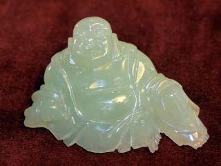 Jade Laughing Buddha - Hand Carved Small Figurine - Light Green Jade