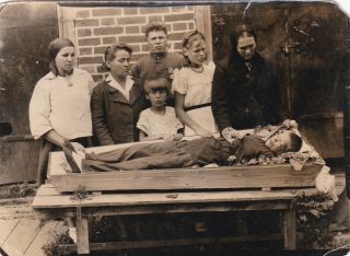 1940s Post Mortem Funeral Boy In Coffin Corpse Family Ww2 Russian Soviet Photo