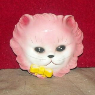 Vintage Lefton Pink Kitty Cat Kitten Wall Pocket Vase Planter Yellow Bow Vgc