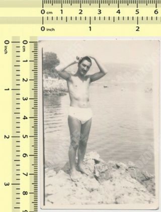 Guy Combing Hair On Beach,  Man In Trunks Bulge Gay Int Old Photo