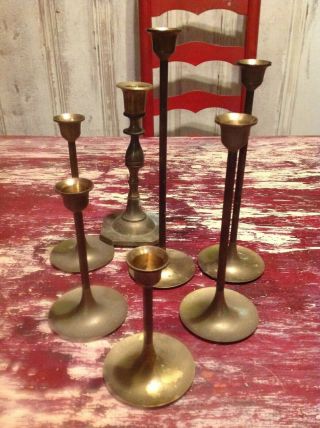 Set Of 7 Graduated Brass Candlesticks Made In Taiwan