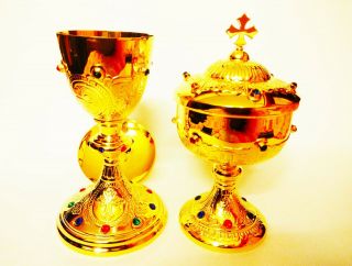 Chalice With Paten & Ciborium Set Brass Gold Plated Holy Religious Gift Usgxb44