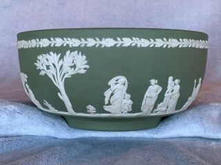 Vintage WEDGWOOD Jasperware Celadon [Green/Sage] Large Bowl with Cream Figures 2