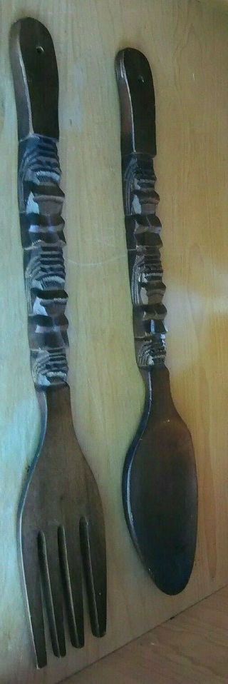 2 Vintage Wood Fork & Spoon Set Carved Wooden Wall Decor Tiki Totem 28 - 1/2 " 28.  5