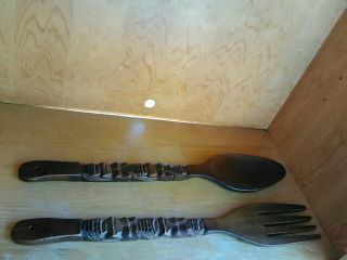 2 Vintage Wood Fork & Spoon Set Carved Wooden Wall Decor Tiki Totem 28 - 1/2 
