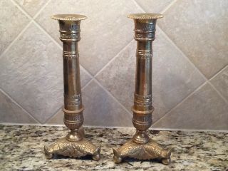 Set Of Two Ornate Vintage Ball Footed Brass Candlestick Holders 9 "