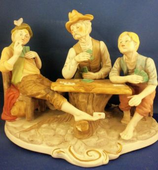 Figurine " The Cheaters " 2 Boys And A Man Playing Cards.  Porcelian 10 " Long Excoh
